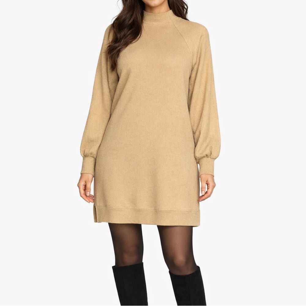 GB Camel Tan Ribbed Tunic Sweater Dress Small Balloon Sleeves High Neck Trendy